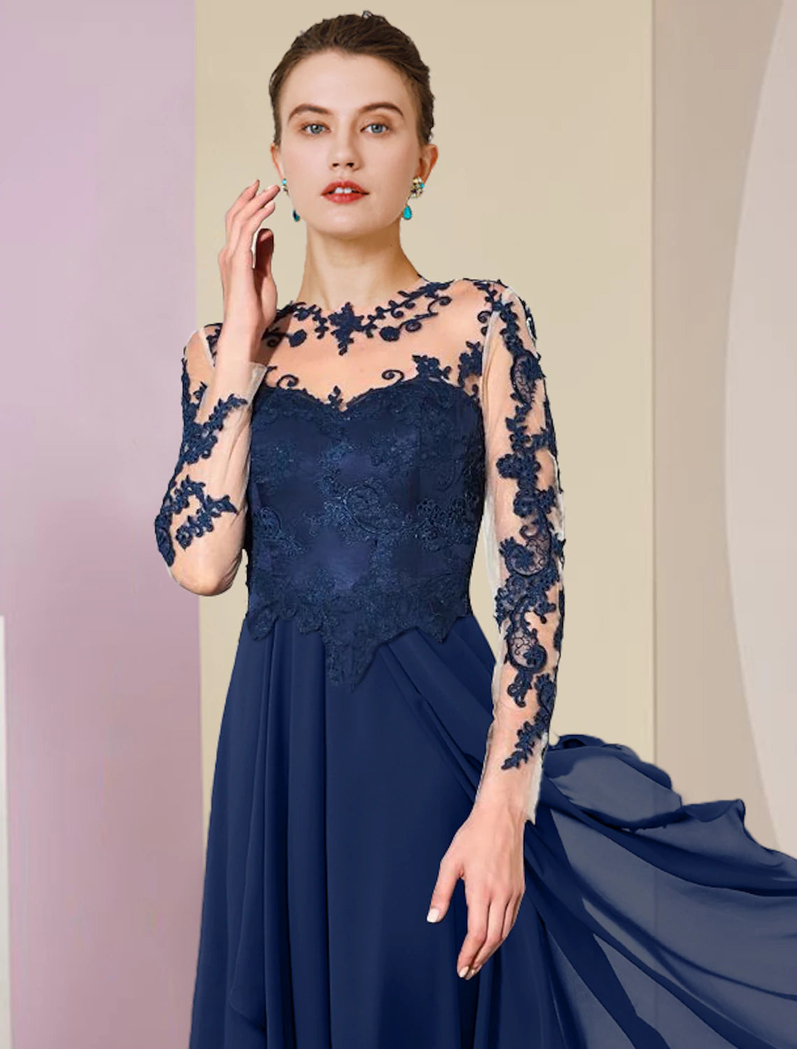 Wholesale  A-Line Mother of the Bride Dress Formal Wedding Guest Elegant High Low Scoop Neck Asymmetrical Tea Length Chiffon Lace 3/4 Length Sleeve with Pleats Appliques