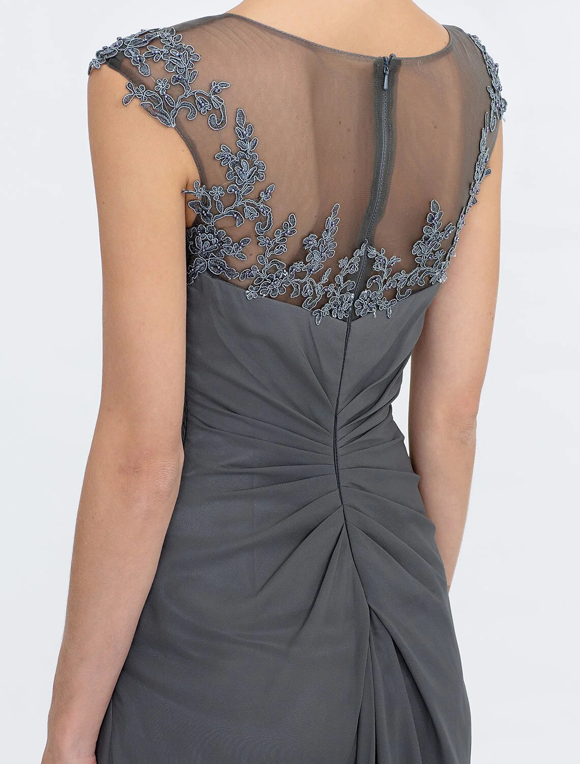 Wholesale A-Line Mother of the Bride Dress Wedding Guest Elegant See Through Bateau Neck Floor Length Chiffon Lace Sleeveless with Side Draping Fall