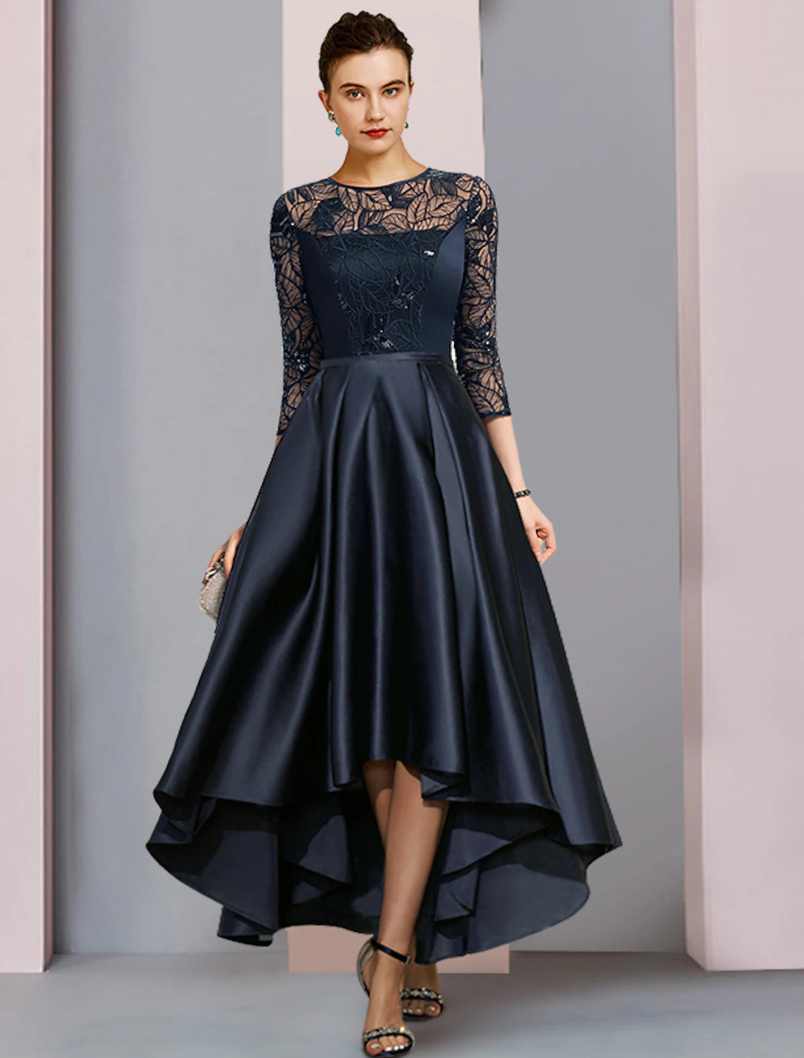 Wholesale  A-Line Mother of the Bride Dress Wedding Guest Vintage Party Jewel Neck Asymmetrical Satin Lace Sequined Half Sleeve with Pleats