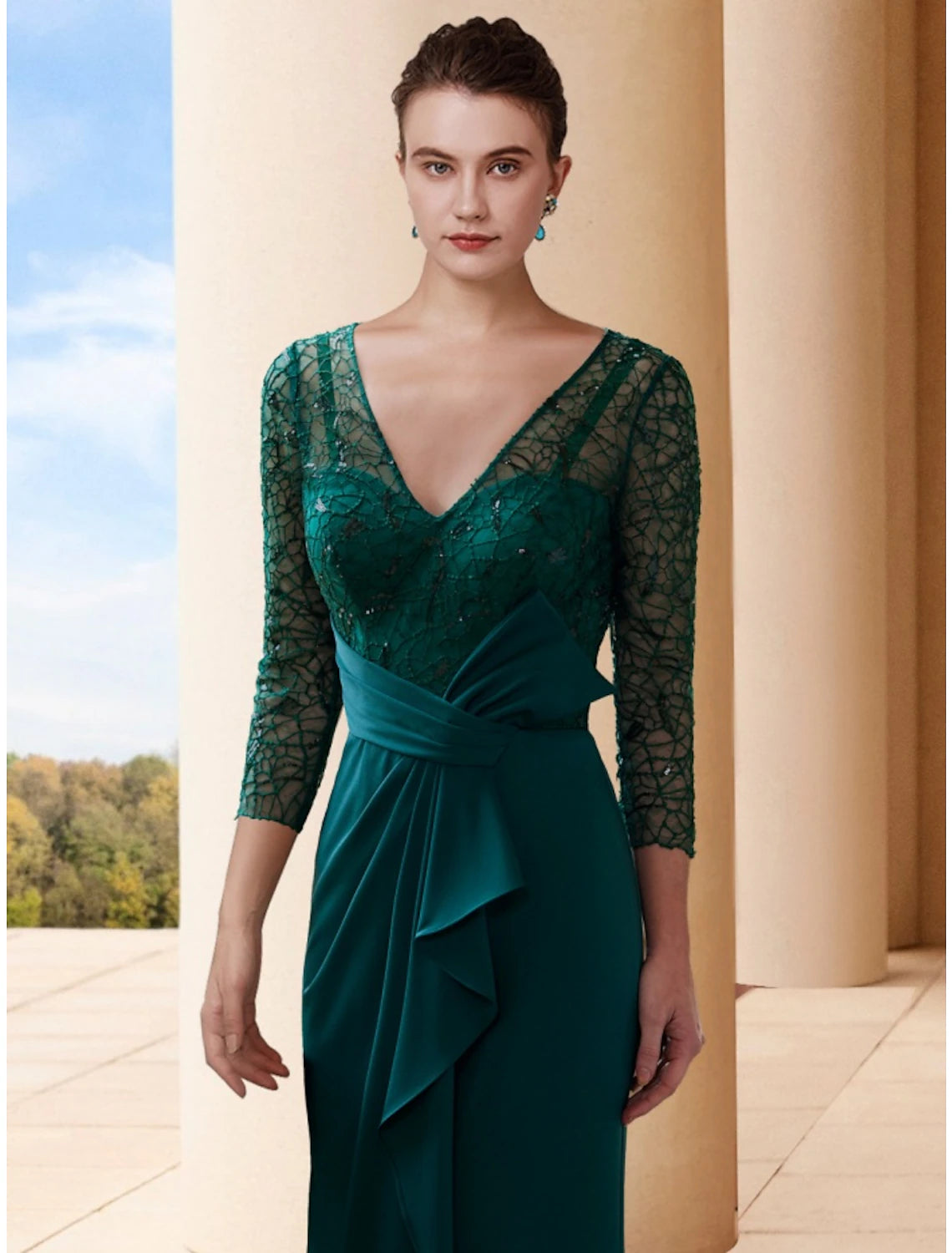 Wholesale A-Line Mother of the Bride Dress Wedding Guest Elegant V Neck Sweep / Brush Train Stretch Chiffon 3/4 Length Sleeve with Bow(s) Sequin Ruching