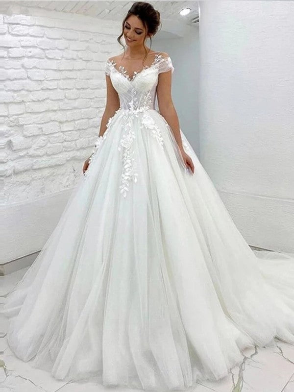 Wholesale A-Line/Princess Tulle Lace Scoop Short Sleeves Sweep/Brush Train Wedding Dresses