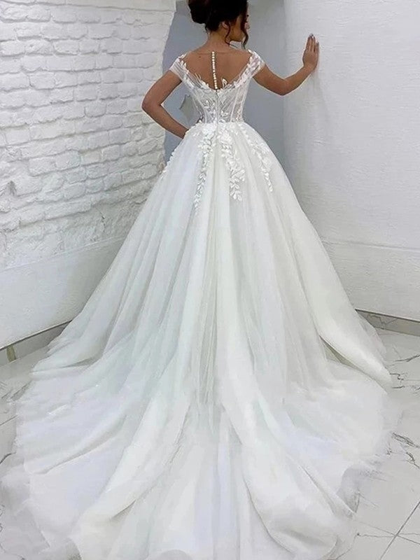 Wholesale A-Line/Princess Tulle Lace Scoop Short Sleeves Sweep/Brush Train Wedding Dresses