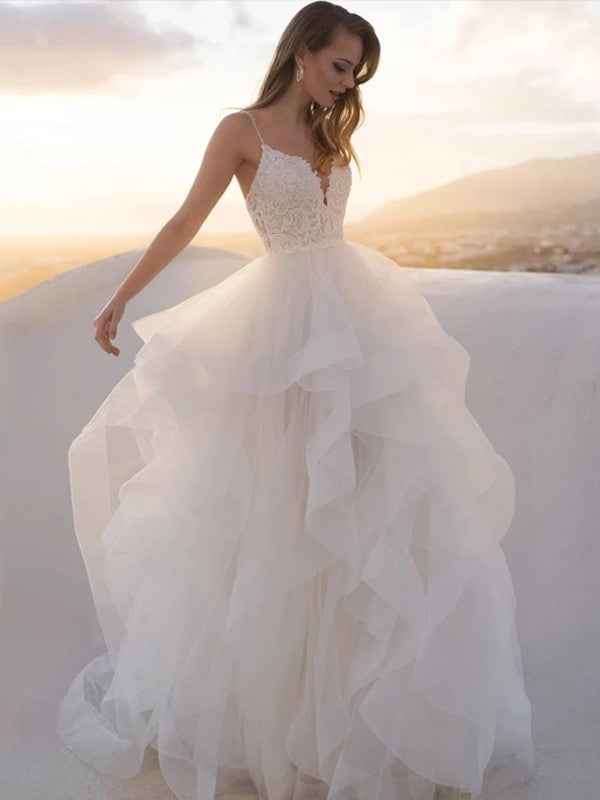 Wholesale A-Line/Princess Tulle Lace V-neck Sleeveless Sweep/Brush Train Wedding Dresses