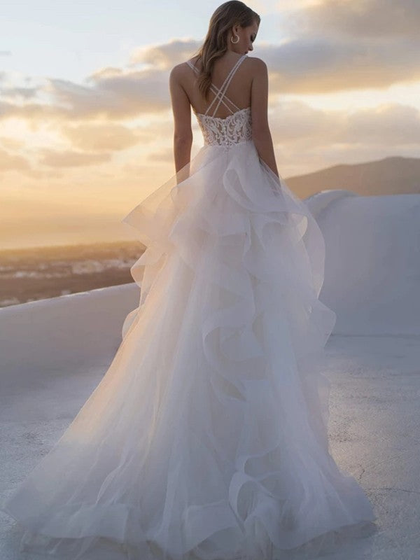 Wholesale A-Line/Princess Tulle Lace V-neck Sleeveless Sweep/Brush Train Wedding Dresses