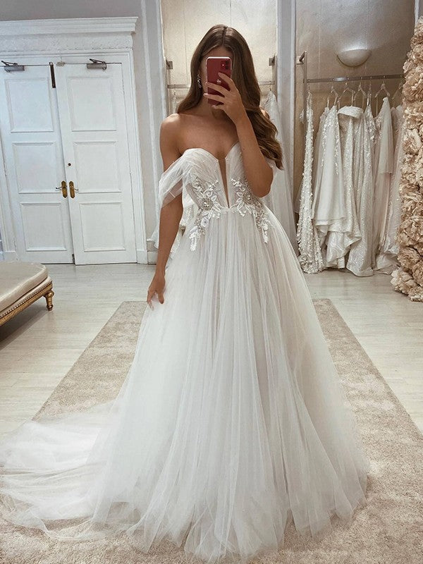Wholesale A-Line/Princess Tulle Applique Off-the-Shoulder Sleeveless Sweep/Brush Train Wedding Dresses