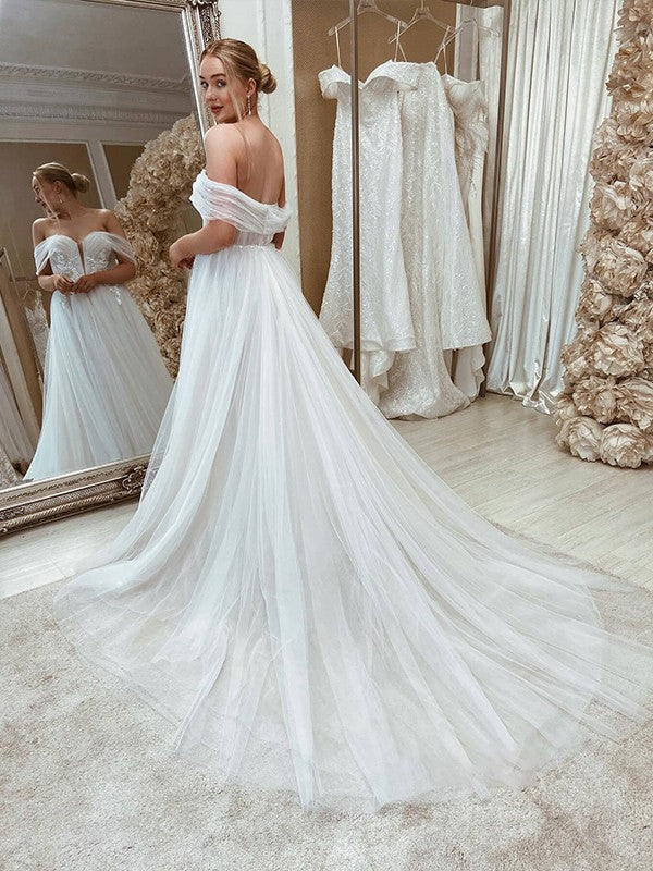 Wholesale A-Line/Princess Tulle Applique Off-the-Shoulder Sleeveless Sweep/Brush Train Wedding Dresses