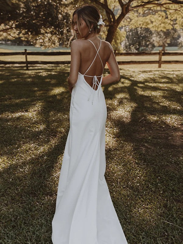 Wholesale Sheath/Column Stretch Crepe Ruffles V-neck Sleeveless Sweep/Brush Train Wedding Dresses