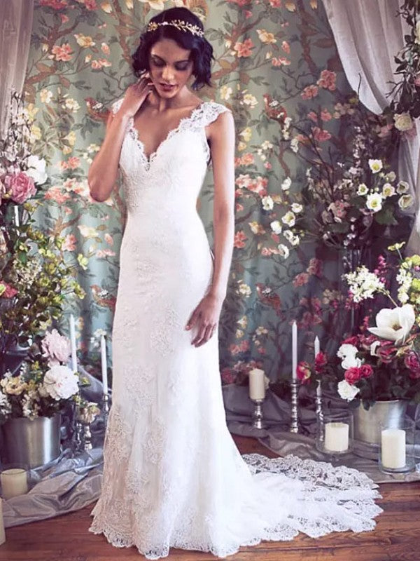 Wholesale Sheath/Column Tulle Lace V-neck Sleeveless Court Train Wedding Dresses