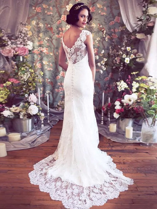 Wholesale Sheath/Column Tulle Lace V-neck Sleeveless Court Train Wedding Dresses