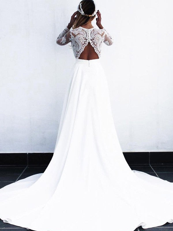 Wholesale A-Line/Princess Stretch Crepe Lace V-neck Long Sleeves Sweep/Brush Train Wedding Dresses