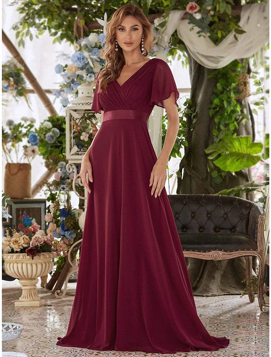 Wholesale  A-Line Evening Gown Empire Dress Wedding Guest Formal Evening Floor Length Short Sleeve V Neck Bridesmaid Dress Chiffon V Back with Ruffles