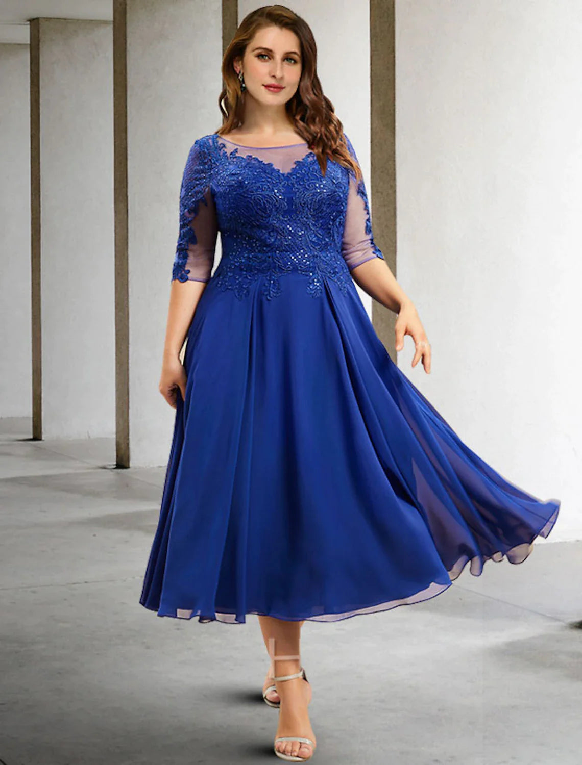 Wholesale A-Line Plus Size Curve Mother of the Bride Dresses Elegant Dress Formal Wedding Guest Tea Length Half Sleeve Jewel Neck Chiffon with Pleats Sequin Appliques