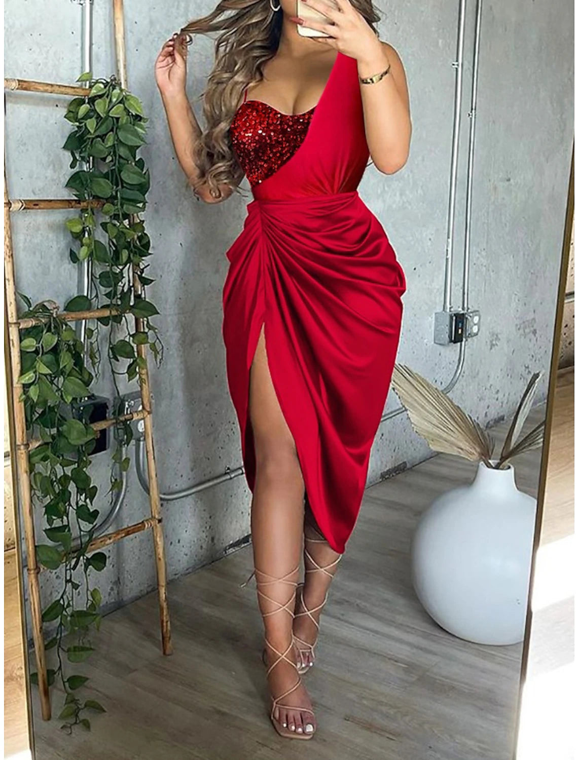 Wholesale Mermaid Dress Cocktail Dresses Christmas Red Green Dress Wedding Guest Party Wear Tea Length Short Sleeve Spaghetti Strap Polyester with Ruched Sequin Slit