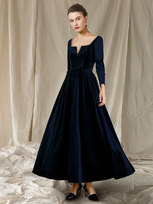 Wholesale A-Line Mother of the Bride Dress Wedding Guest Elegant V Neck Ankle Length Velvet Long Sleeve with Pleats