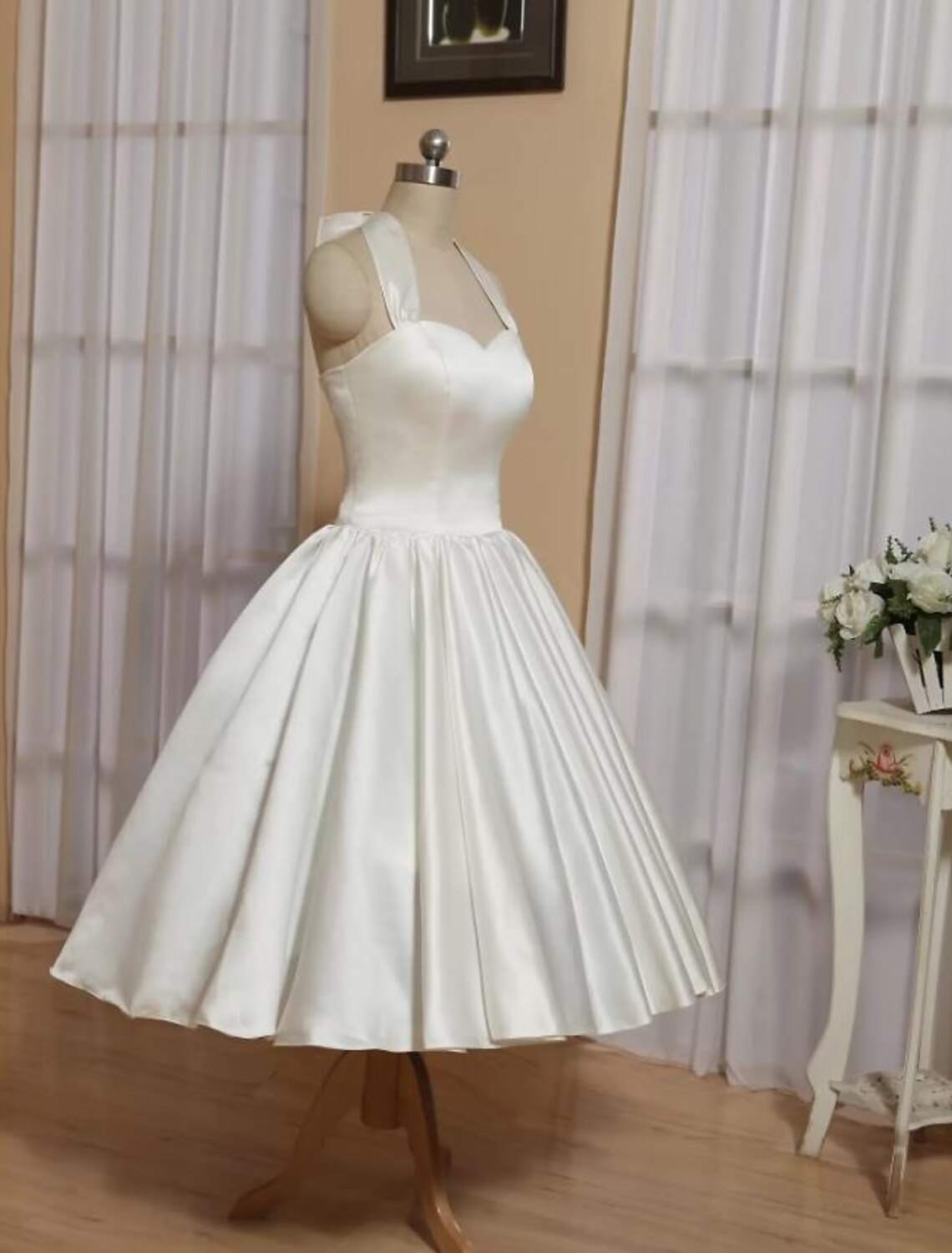 Wholesale Ball Gown A-Line Cocktail Dresses Minimalist Dress Wedding Guest Engagement Tea Length Sleeveless Halter Neck Italy Satin with Butterfly Pure Color