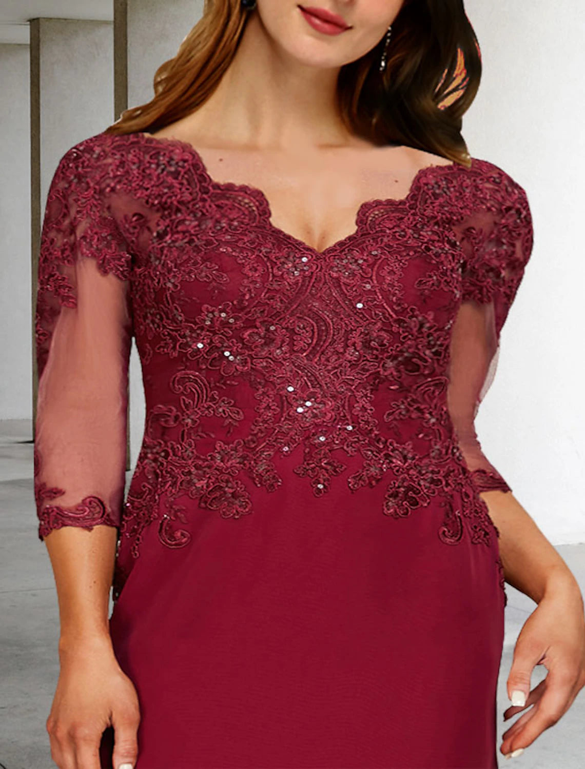 Wholesale A-Line Mother of the Bride Dresses Plus Size Hide Belly Curve Elegant Dress Formal Court Train 3/4 Length Sleeve V Neck Chiffon with Sequin Slit Appliques