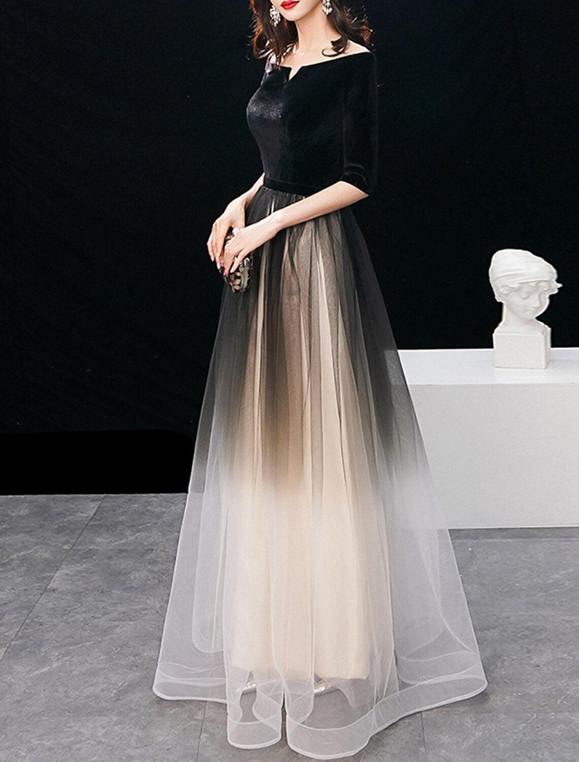 Wholesale A-Line Elegant Gradient Prom Formal Evening Dress Jewel Neck Half Sleeve Floor Length Tulle with Sleek