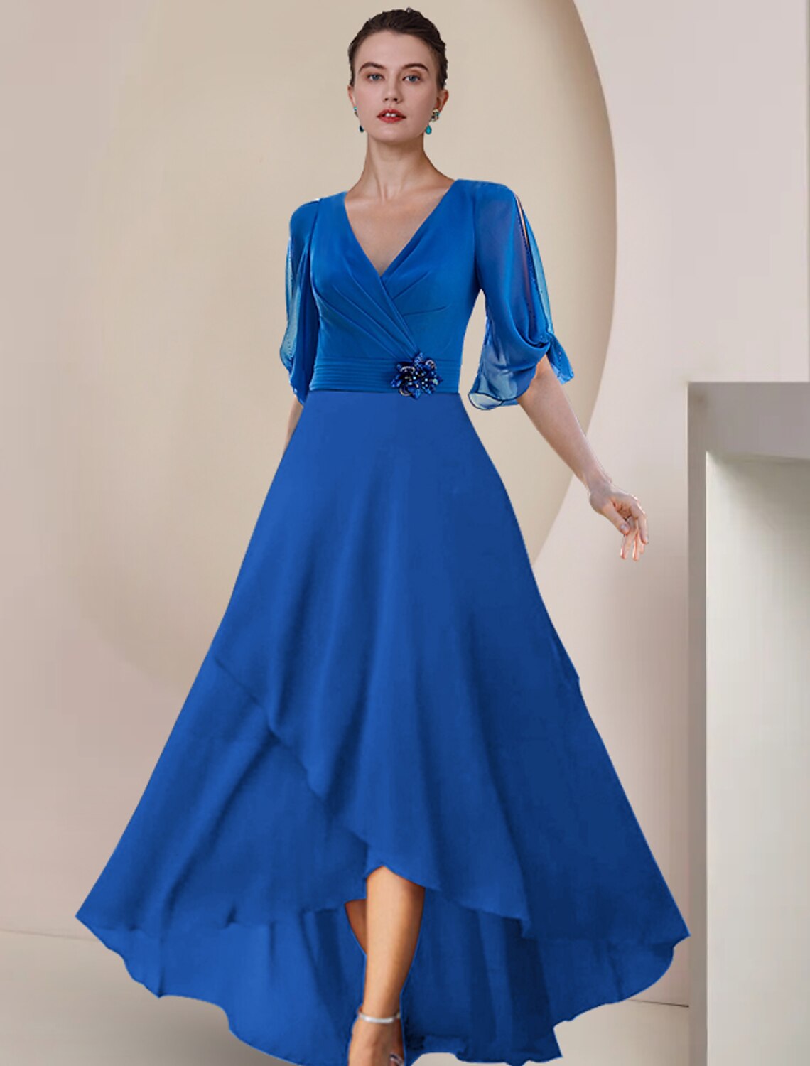 Wholesale  A-Line Mother of the Bride Dress Wedding Guest Party Elegant V Neck Asymmetrical Chiffon Half Sleeve with Crystal Brooch Ruching