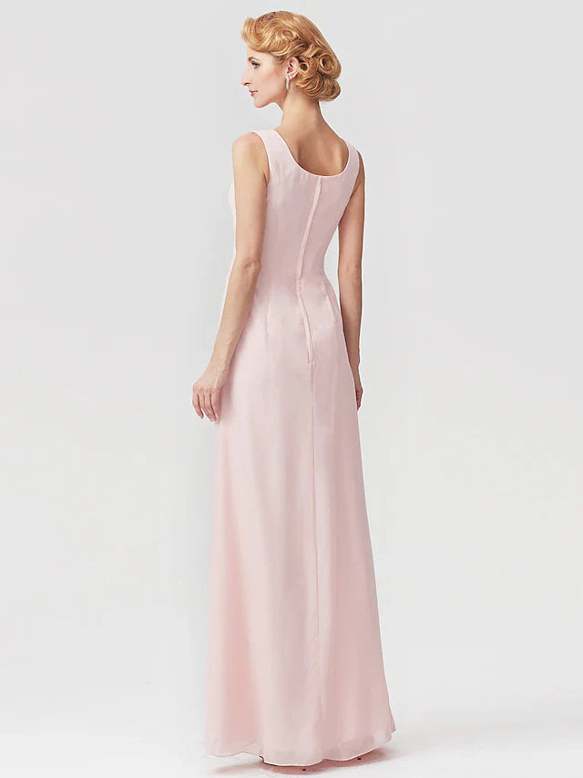 Wholesale Two Piece A-Line Mother of the Bride Dress Elegant Square Neck Floor Length Chiffon Charmeuse Sleeveless Wrap Included with Ruched