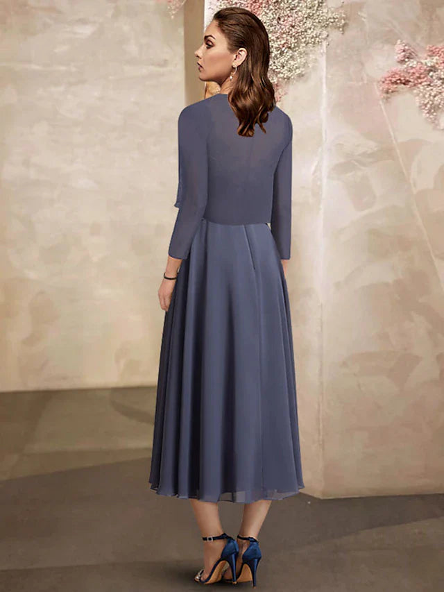 Wholesale Two Piece A-Line Mother of the Bride Dress Plus Size Elegant Jewel Neck Tea Length Chiffon Lace Half Sleeve Wrap Included with Ruched Sequin Ruffles