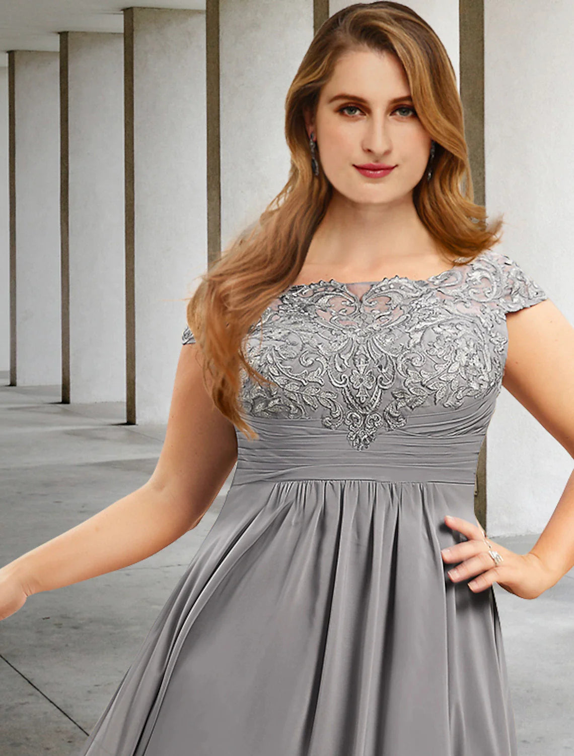 Wholesale A-Line Plus Size Curve Mother of the Bride Dresses Elegant Dress Formal Wedding Guest Tea Length Short Sleeve Jewel Neck Chiffon with Pleats Ruched Appliques