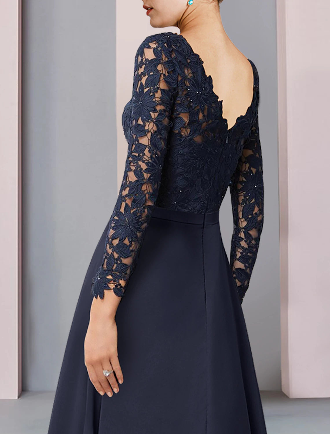 Wholesale  Sheath / Column Mother of the Bride Dress Wedding Guest Vintage Elegant V Neck Asymmetrical Chiffon Lace Long Sleeve with Pleats