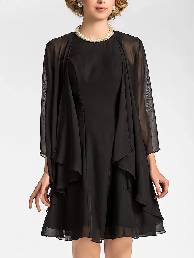 Wholesale A-Line Mother of the Bride Dress Wrap Included Jewel Neck Knee Length Chiffon 3/4 Length Sleeve with Draping