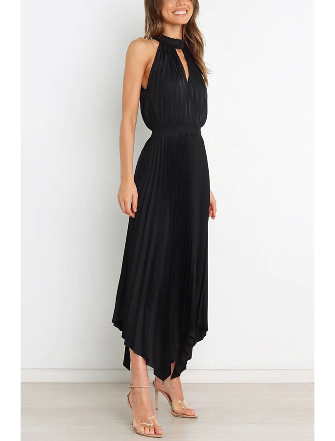 Wholesale A-Line Party Dresses Casual Dress Homecoming Wedding Guest Asymmetrical Sleeveless Halter Neck Satin with Pleats