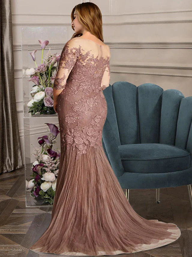 Wholesale Mermaid / Trumpet Plus Size Curve Mother of the Bride Dresses Elegant Dress Formal Sweep / Brush Train Sleeveless Jewel Neck Lace with Pleats Appliques