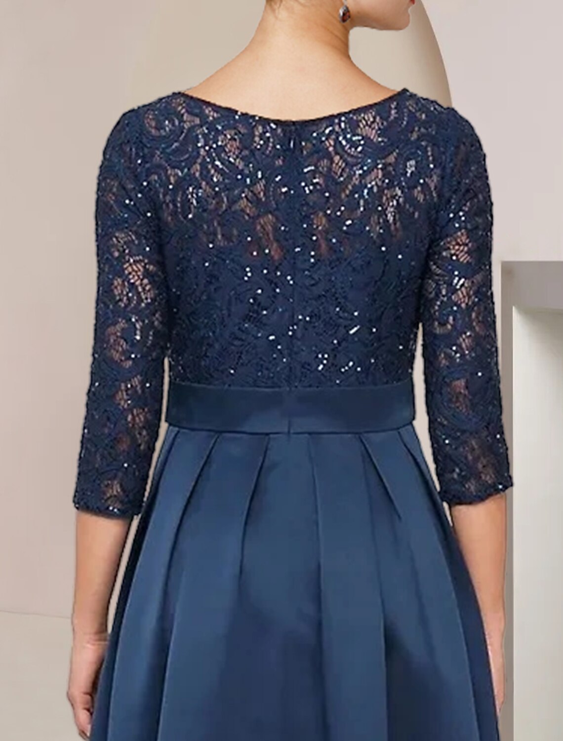 Wholesale  A-Line Mother of the Bride Dress Wedding Guest Elegant High Low Scoop Neck Asymmetrical Tea Length Lace Taffeta 3/4 Length Sleeve with Bow(s) Pleats