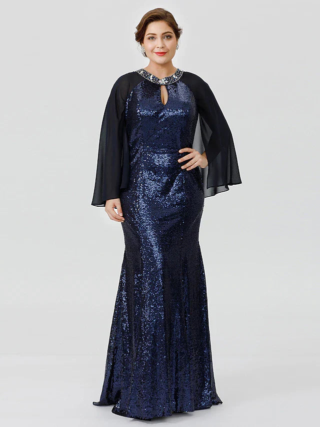 Wholesale Mermaid / Trumpet Mother of the Bride Dress Formal Chic & Modern Glamorous & Dramatic Plus Size Jewel Neck Floor Length Chiffon Sequined 3/4 Length Sleeve No with Crystals Beading