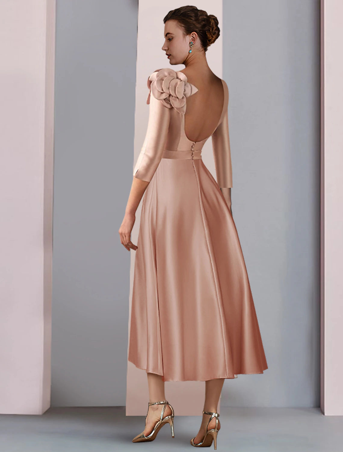 Wholesale  A-Line Mother of the Bride Dress Formal Wedding Guest Party Elegant V Neck Tea Length Satin Lace Half Sleeve with Flower