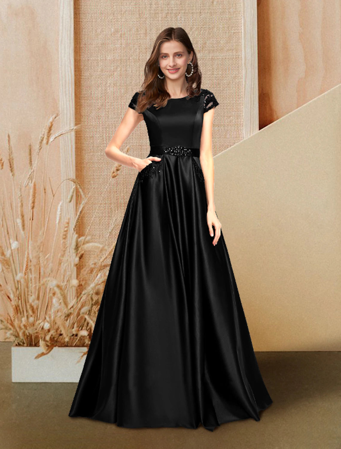 Wholesale A-Line Evening Gown Luxurious Dress Wedding Guest Engagement Floor Length Short Sleeve Jewel Neck Pocket Satin with Beading Lace Insert Pocket