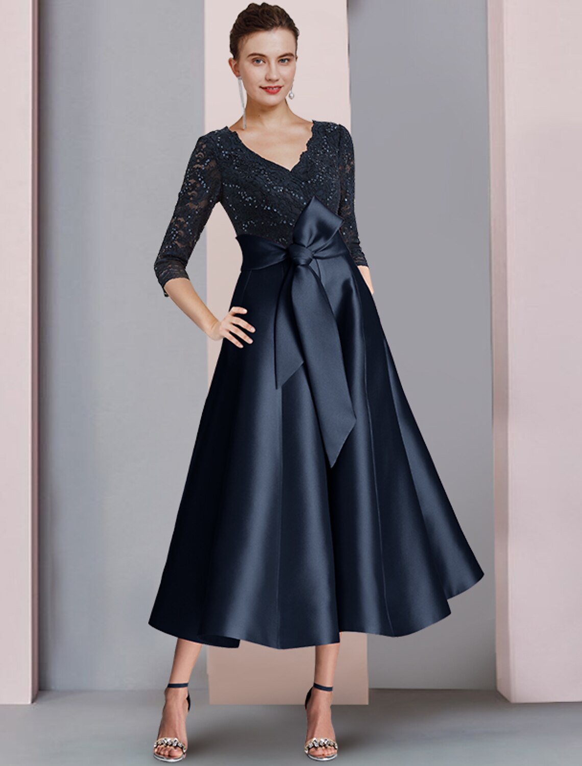 Wholesale  A-Line Mother of the Bride Dress Wedding Guest Vintage Elegant V Neck Tea Length Satin Lace 3/4 Length Sleeve with Bow(s) Pleats Sequin