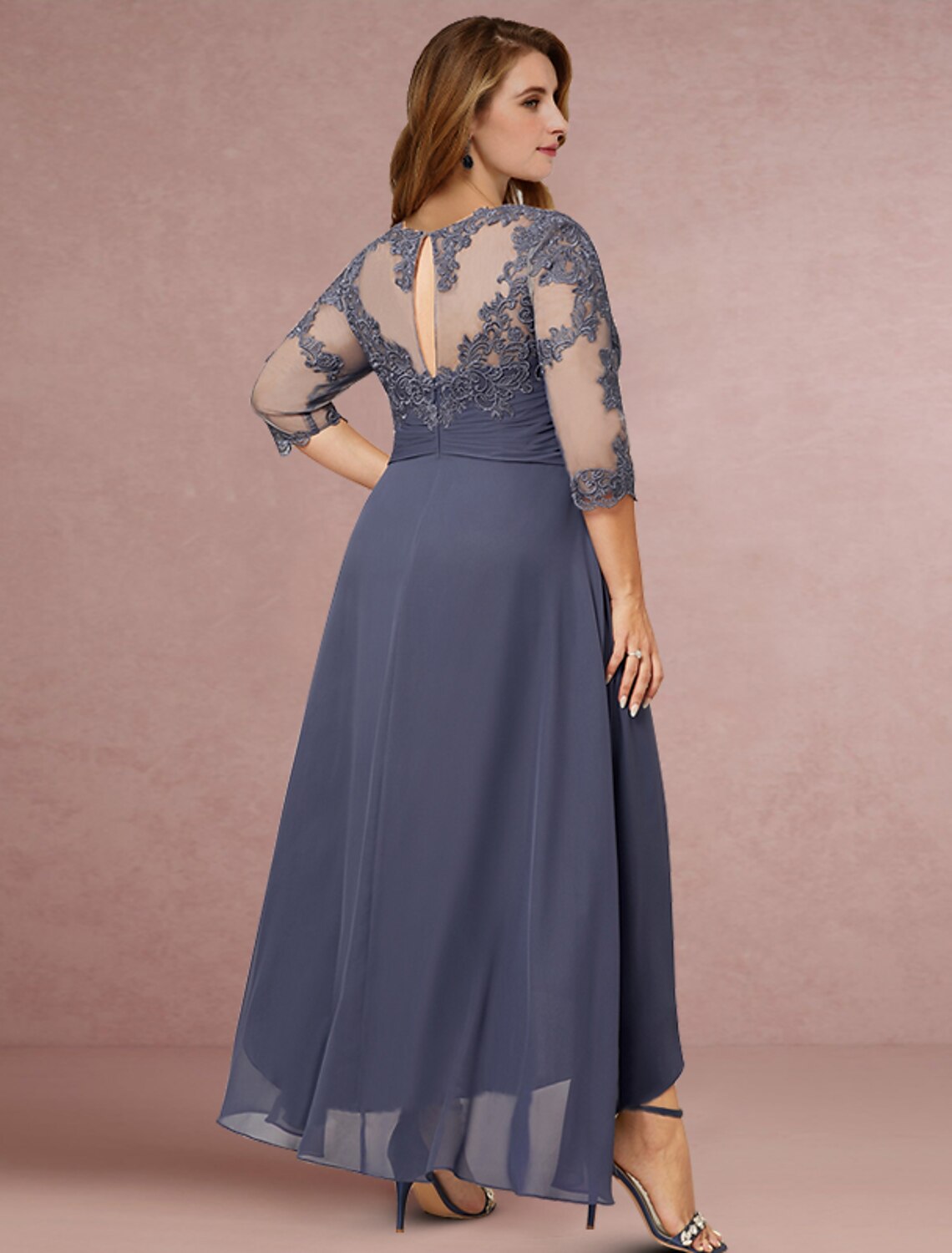 Wholesale  Sheath / Column Mother of the Bride Dress Wedding Guest Elegant Jewel Neck Asymmetrical Chiffon Lace 3/4 Length Sleeve with Pleats Solid