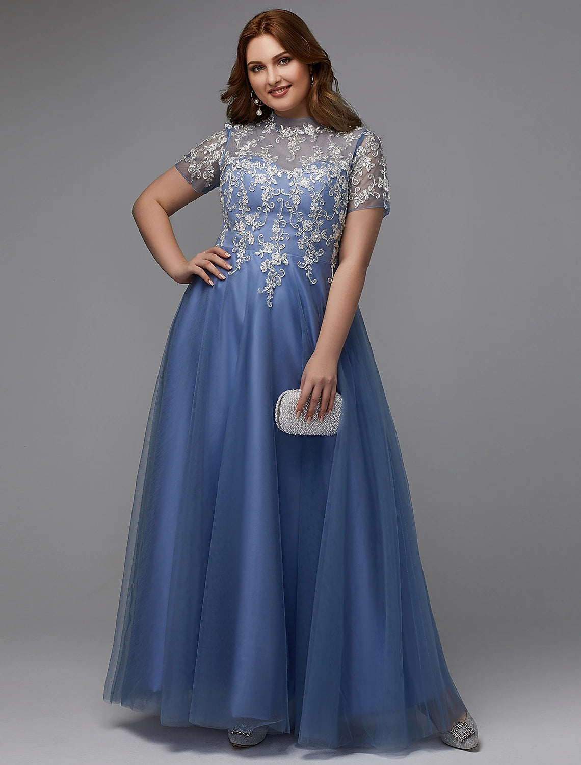 Wholesale  A-Line Plus Size Dress Wedding Guest Prom Floor Length Short Sleeve High Neck Lace Lace-up with Appliques