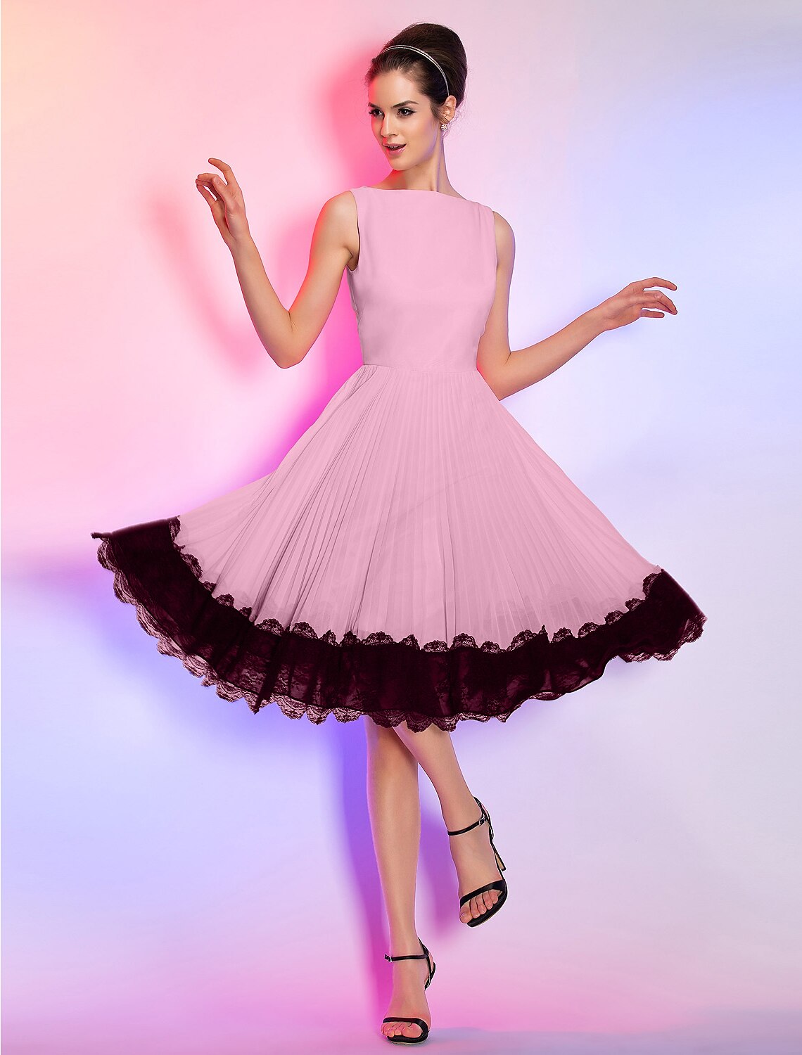 Wholesale A-Line Vintage Dress Homecoming Graduation Knee Length Sleeveless Boat Neck Pink Dress Chiffon with Lace