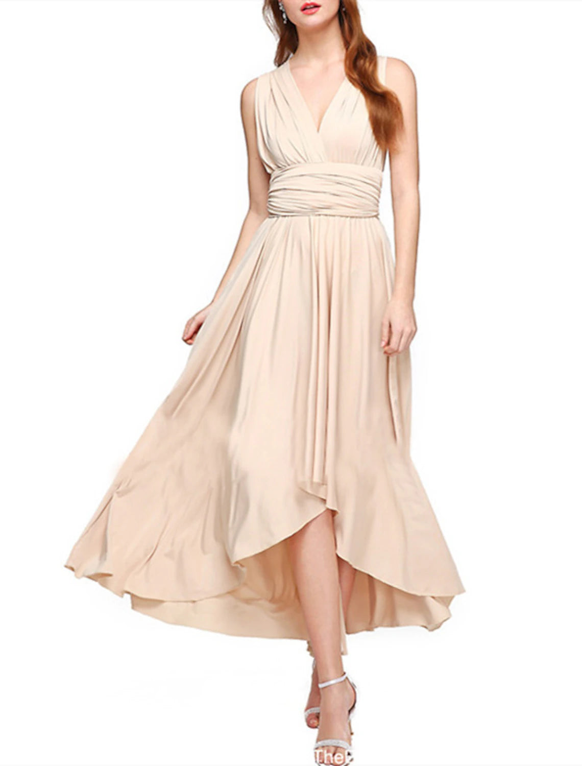 Wholesale A-Line Bridesmaid Dress V Neck Sleeveless Convertible Infinity Asymmetrical Spandex with Pleats / Solid Color