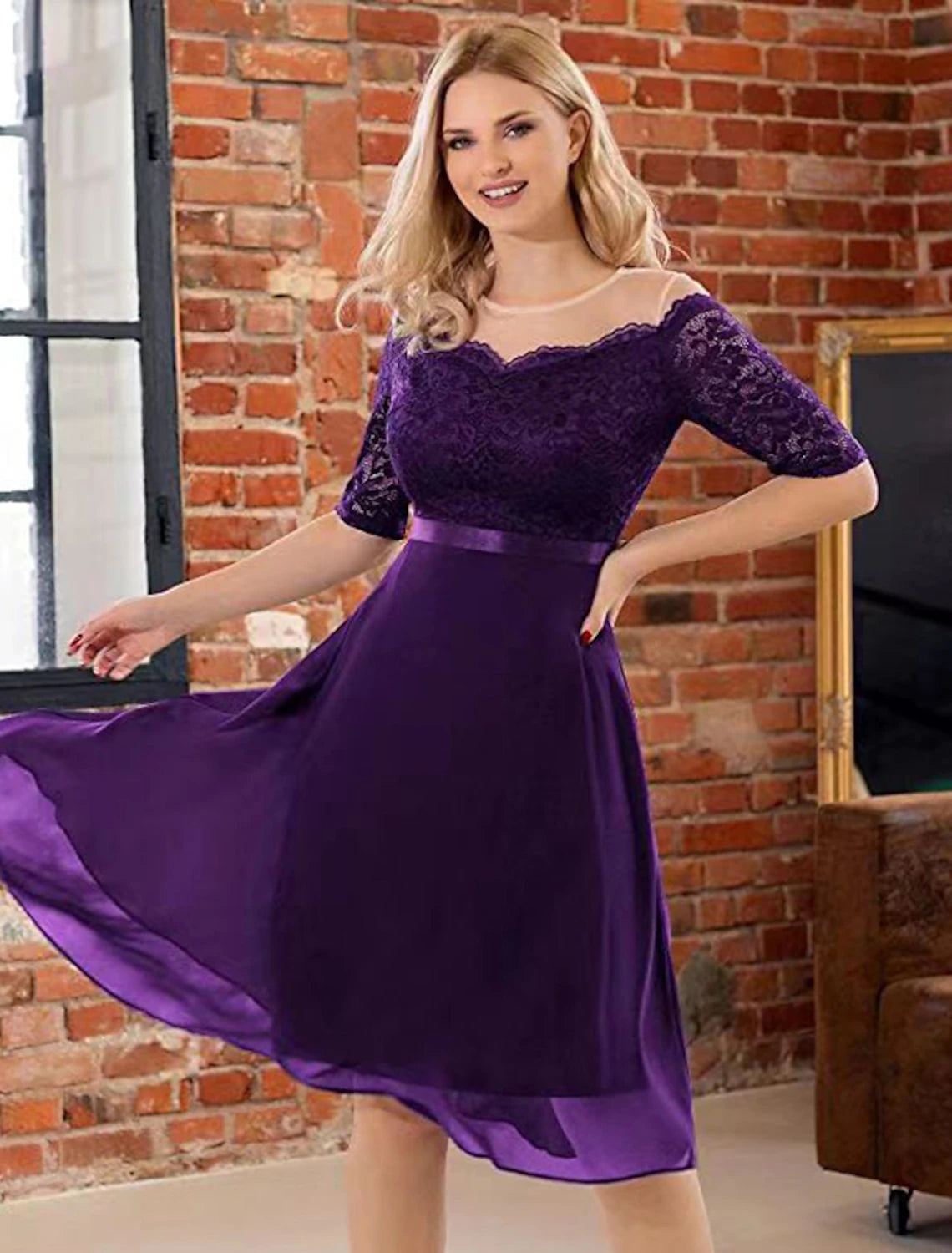 Wholesale A-Line Cocktail Dresses Vintage Dress Party Wear Cocktail Party Knee Length Half Sleeve Jewel Neck Fall Wedding Guest Lace with Pleats