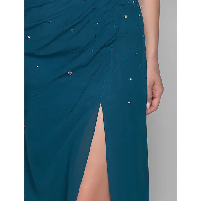 Wholesale Sheath / Column Mother of the Bride Dress Furcal One Shoulder Floor Length Chiffon Sleeveless with Beading