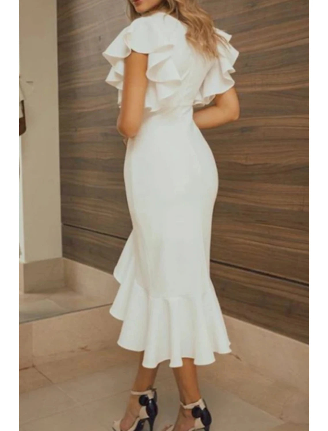 Wholesale Sheath / Column Cocktail Dresses Party Dress Wedding Guest Homecoming Asymmetrical Short Sleeve V Neck Polyester with Ruffles