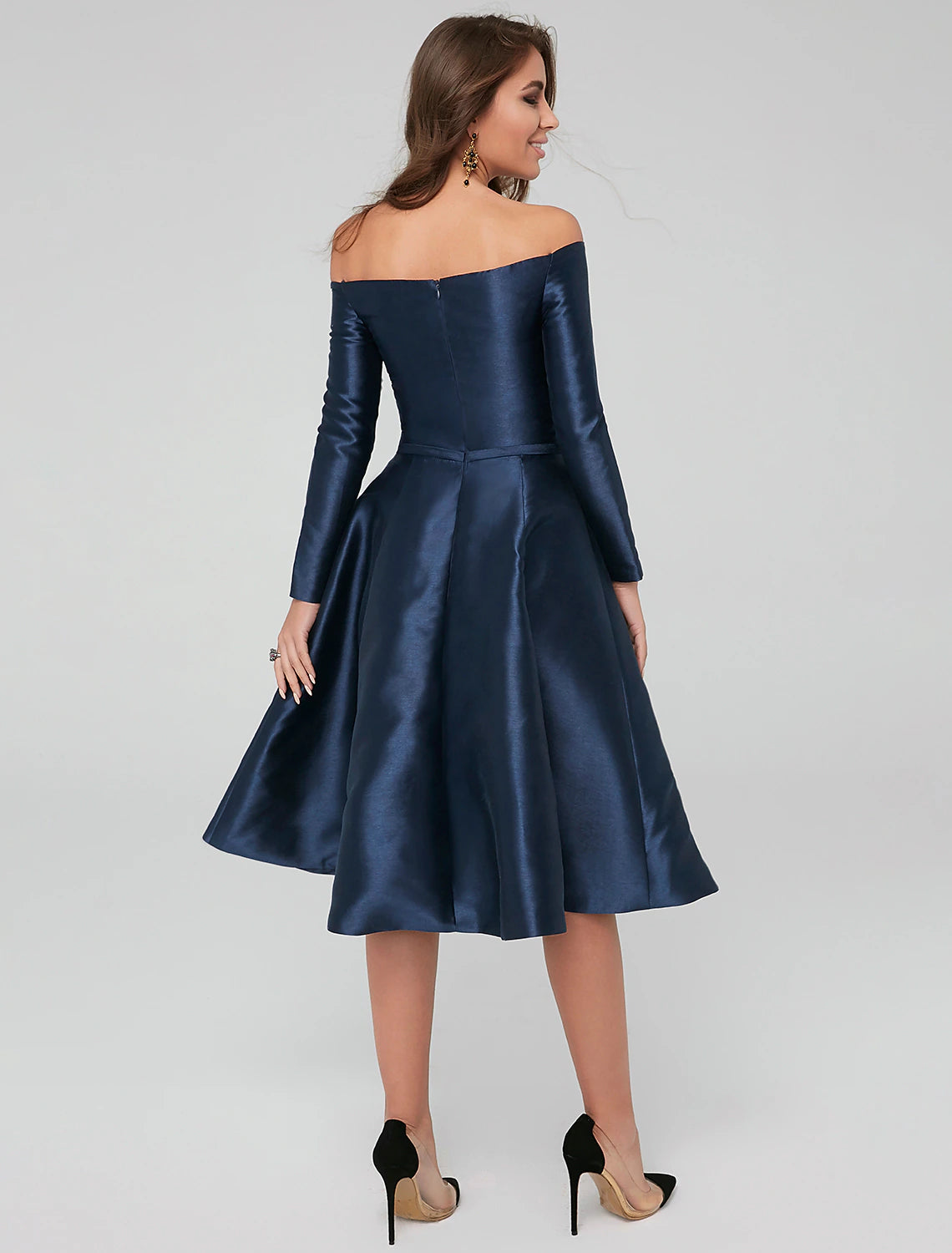Wholesale A-Line Special Occasion Dresses Elegant Dress Wedding Guest Cocktail Party Knee Length Long Sleeve Off Shoulder Satin with Pleats