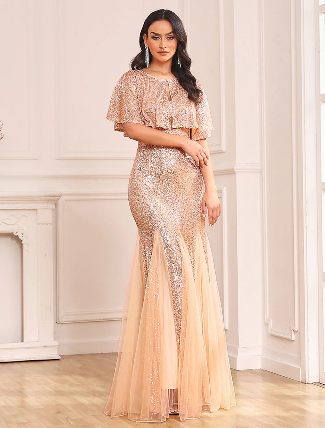 Wholesale Two Piece Mermaid / Trumpet Party Dresses Sparkle & Shine Dress Prom Wedding Party Floor Length Sleeveless V Neck Capes Tulle V Back with Sequin