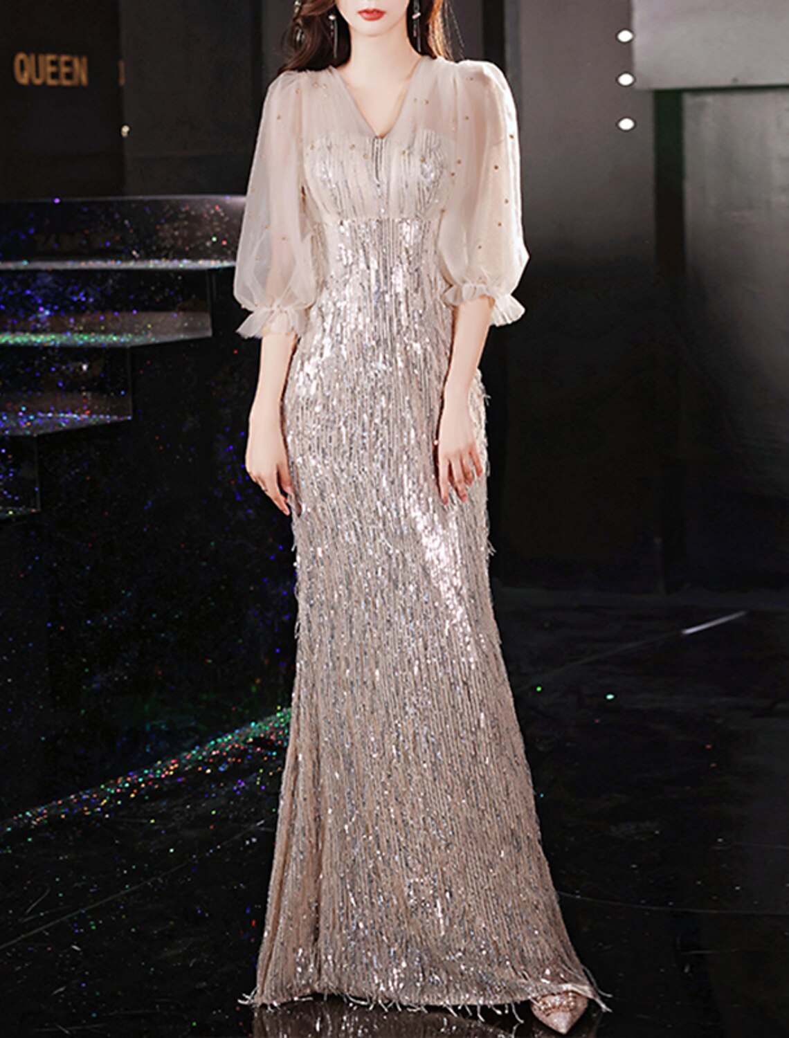 Wholesale Mermaid / Trumpet Prom Dresses Sparkle & Shine Dress Prom Birthday Floor Length Half Sleeve V Neck Lace with Fringe Tassel Slit