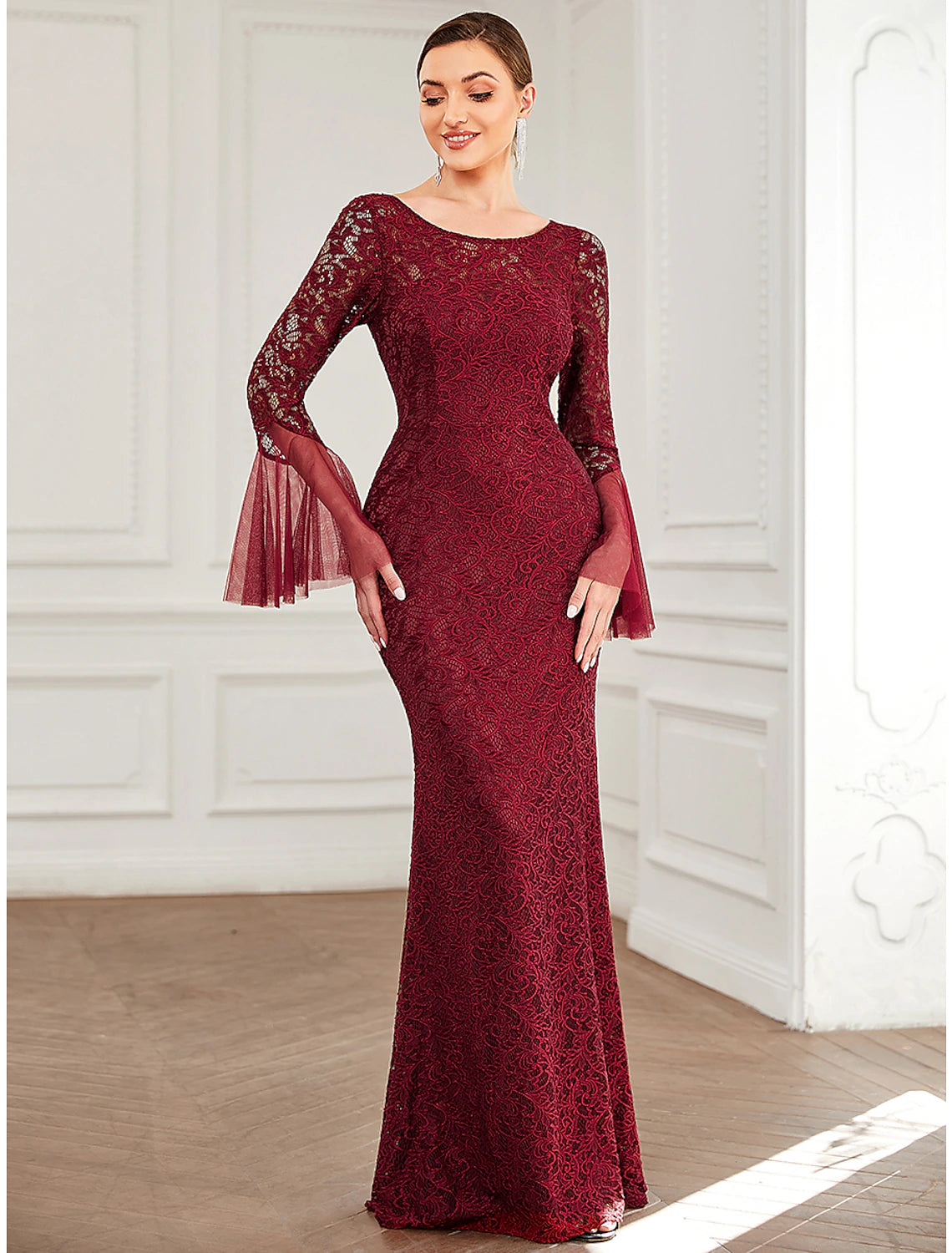 Wholesale  Mermaid / Trumpet Mother of the Bride Dress Elegant Sexy Jewel Neck Floor Length Lace Long Sleeve with Solid