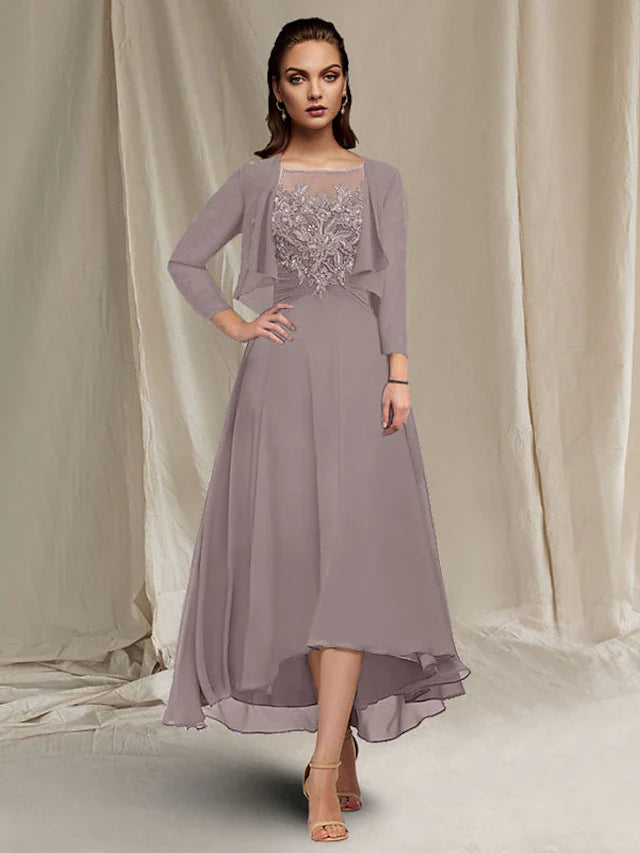 Wholesale A-Line Mother of the Bride Dress Elegant High Low Jewel Neck Asymmetrical Tea Length Chiffon Lace Short Sleeve Wrap Included with Ruched Sequin Appliques