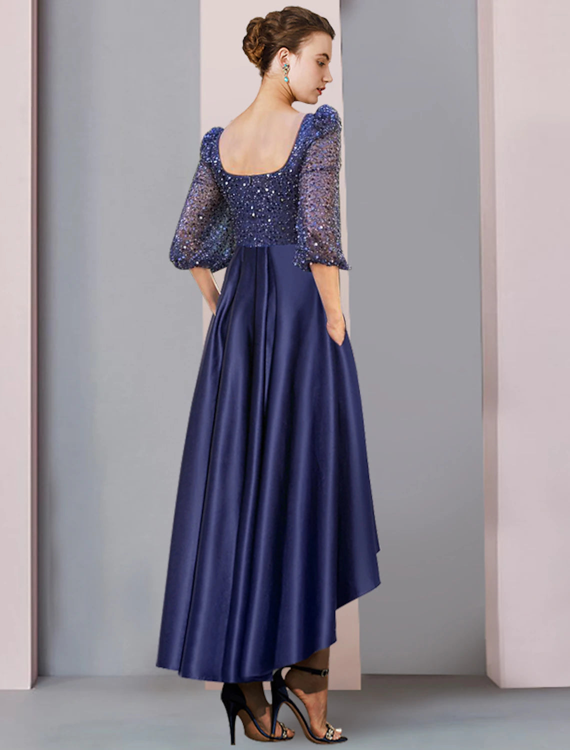 Wholesale  Two Piece Sheath / Column Mother of the Bride Dress Formal Wedding Guest Elegant Sparkle & Shine High Low Square Neck Asymmetrical Tea Length Satin Lace Half Sleeve with Pleats Beading Appliques