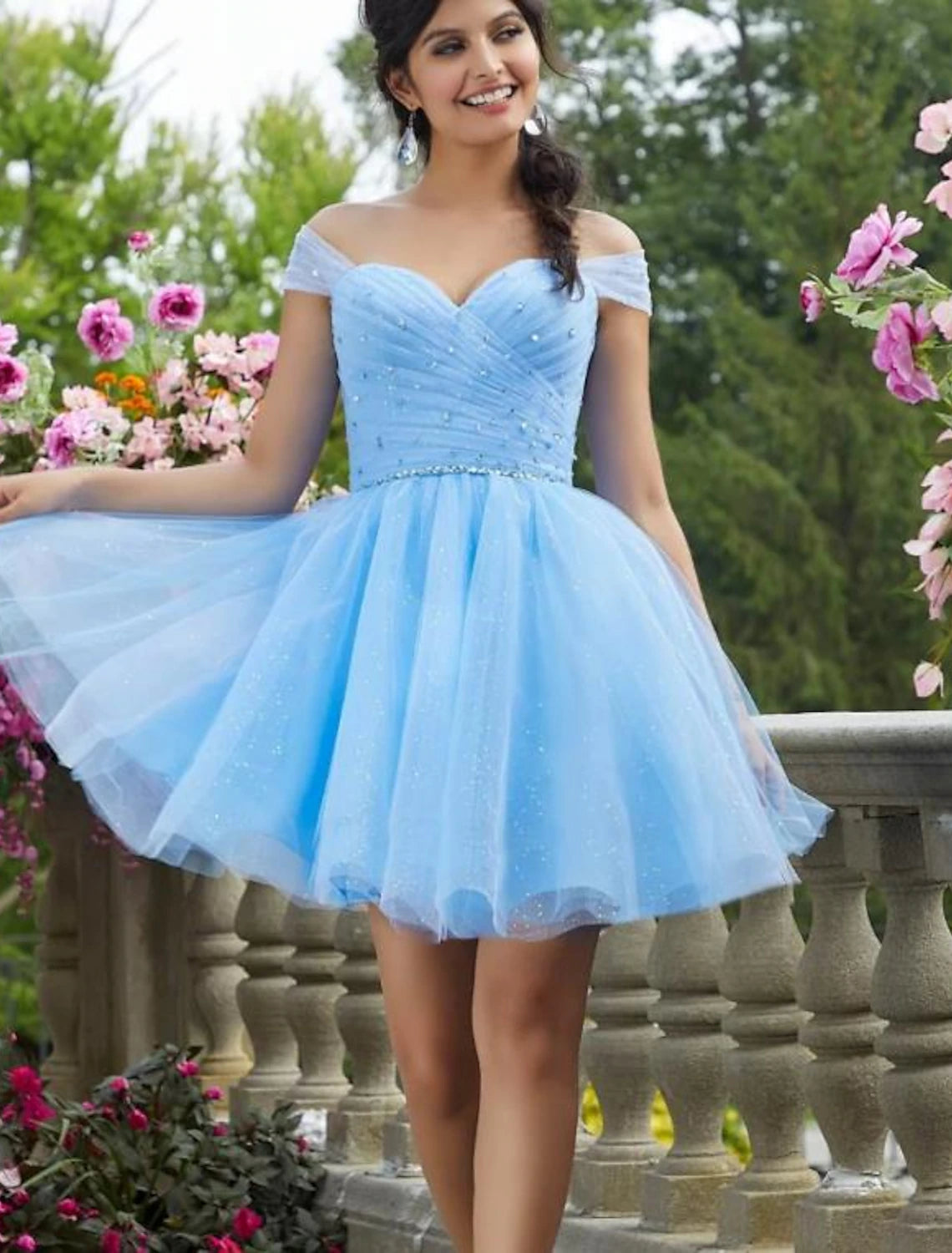 Wholesale A-Line Cocktail Dresses Sparkle & Shine Dress Cocktail Party Short / Mini Short Sleeve Sweetheart Tulle Backless with Rhinestone Glitter Pearls