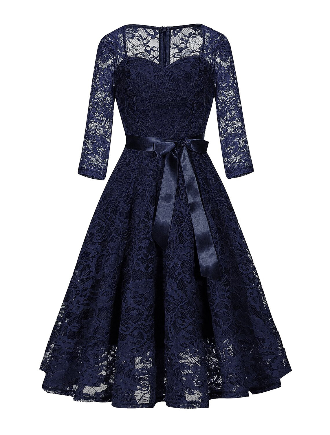 Wholesale A-Line Cocktail Dresses Vintage Dress Party Wear Wedding Guest Knee Length 3/4 Length Sleeve Square Neck Lace with Sleek Sash / Ribbon