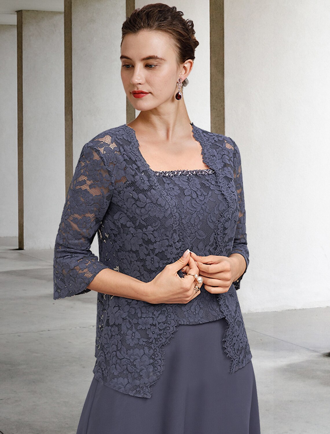 Wholesale  A-Line 3 Piece Mother of the Bride Dress Plus Size Elegant Square Neck Tea Length Chiffon Lace Sleeveless Wrap Included Jacket Dresses with Crystals Ruffles